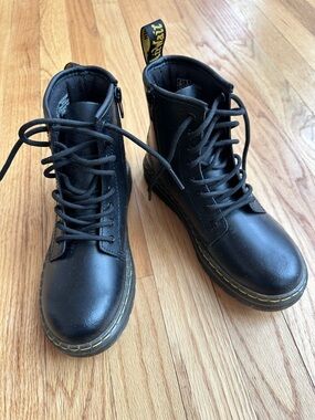 Dr. Martens Kids Black Leather Lace-Up Boots with Yellow Stitching NWOT